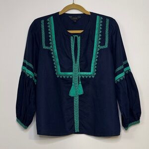 J. Crew Navy Blouse with Green Embroidery